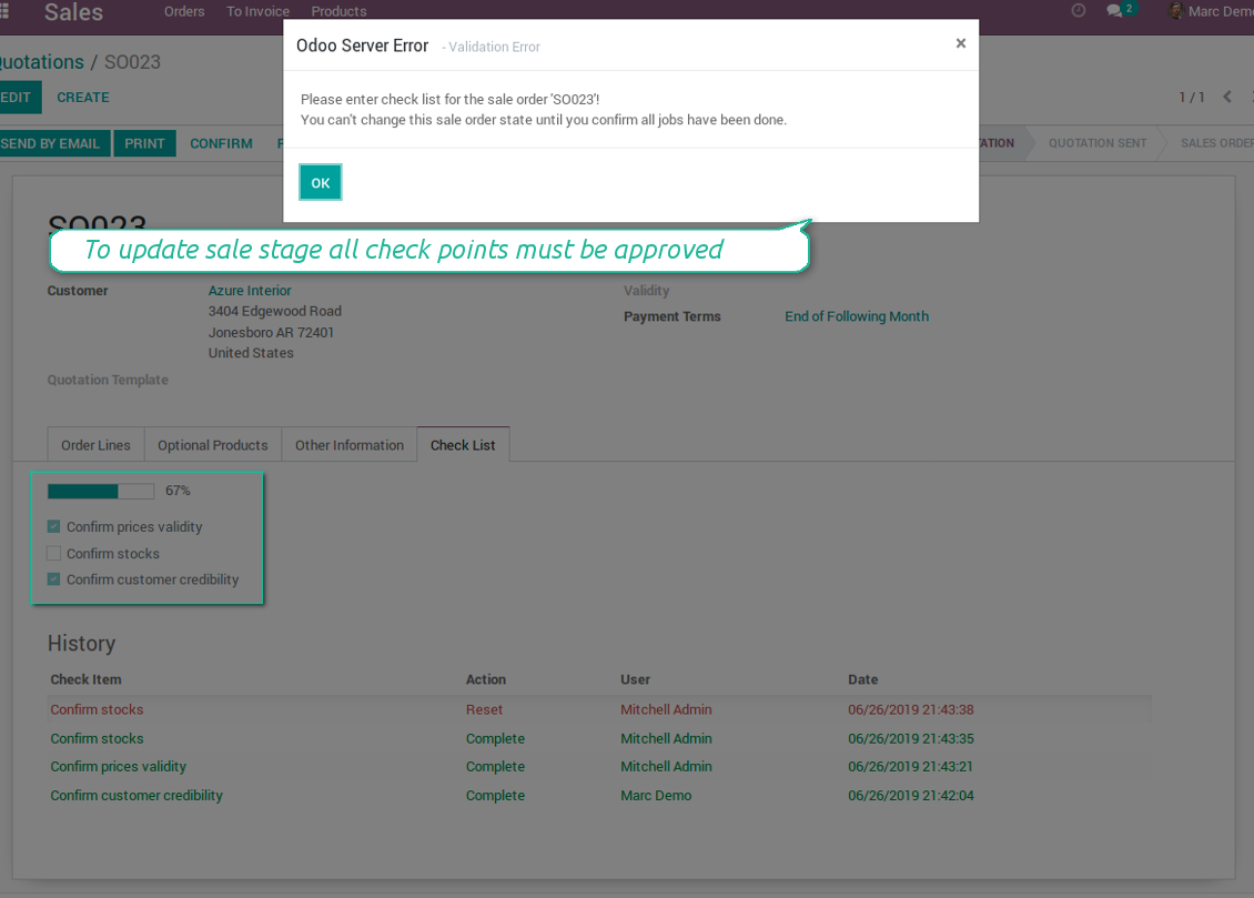 Check list mist be done to move an order further