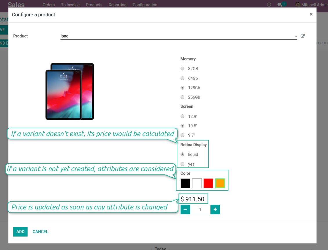 Odoo product configurator: attributes pricing