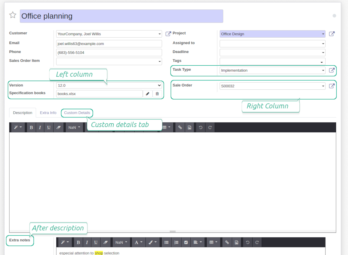 Customized form view of tasks
