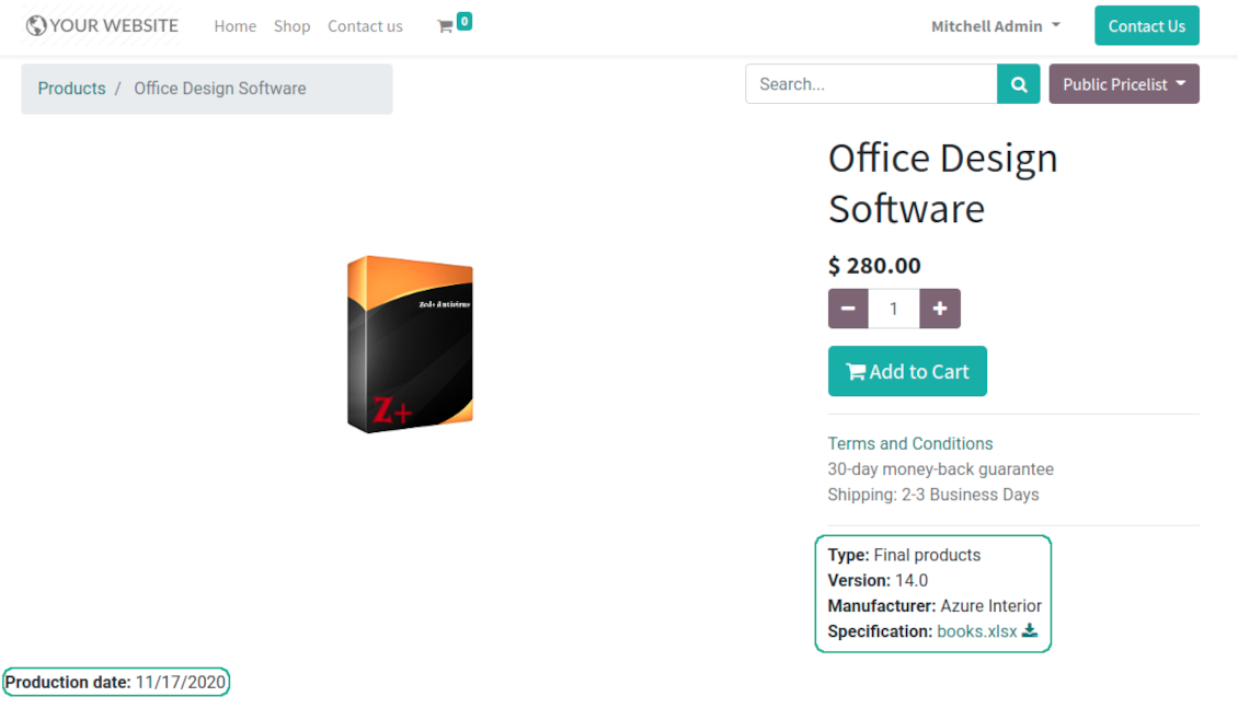 Odoo product e-commerce custom fields