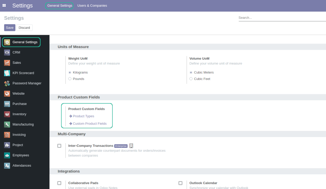 Configuration page for custom fields of products