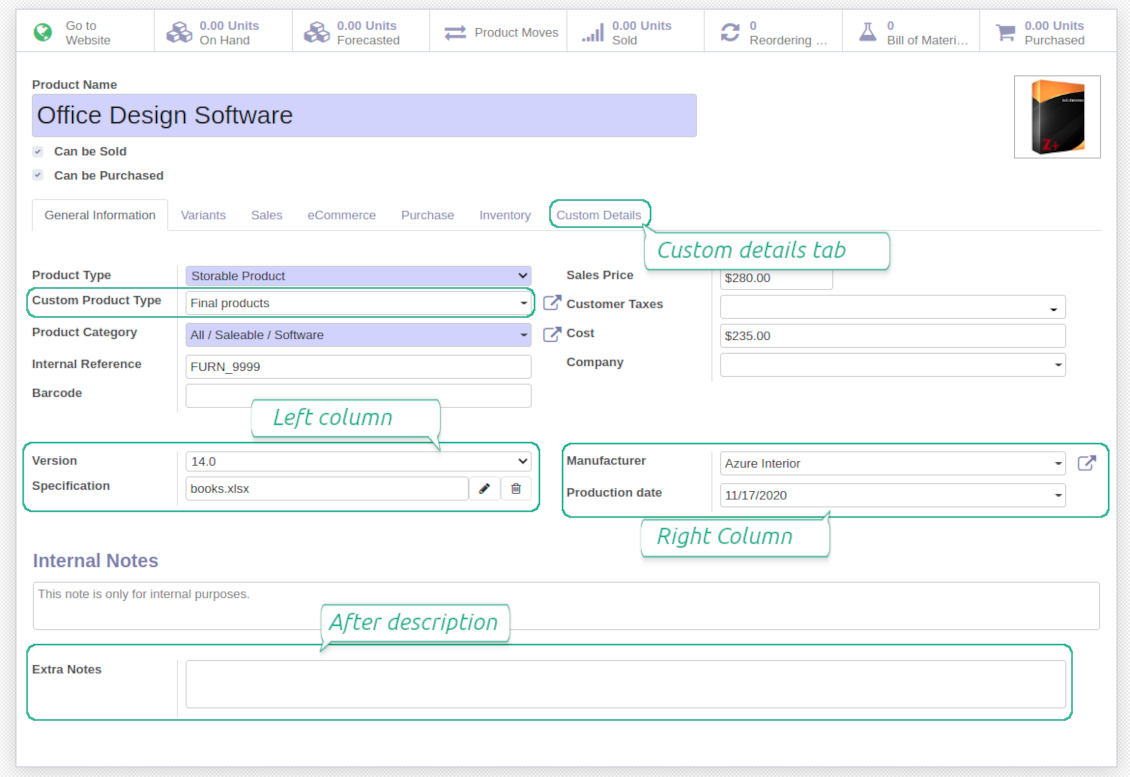 Customize properties of Odoo products