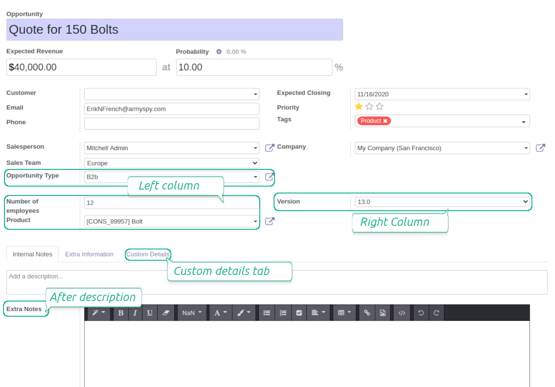 Customized form view of CRM opportunities