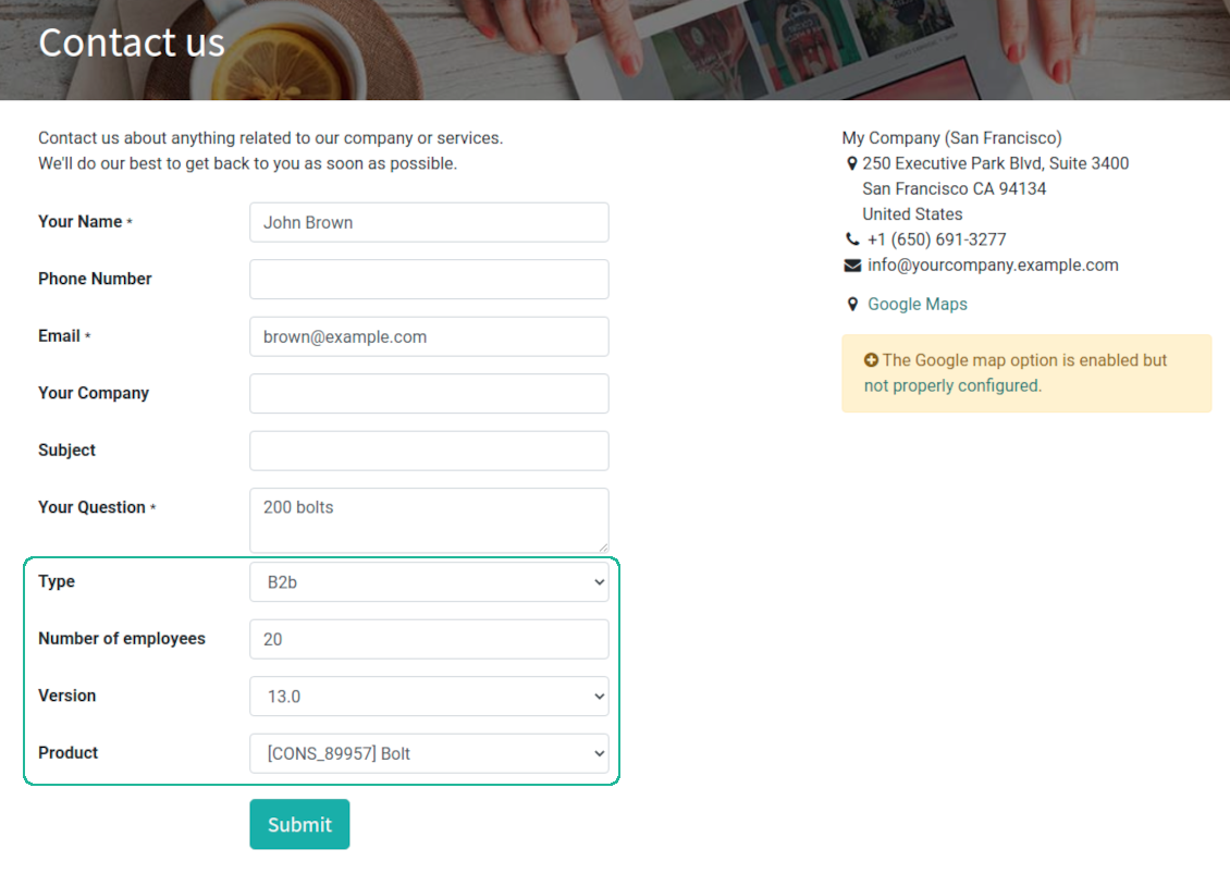 Website contact us form custom fields