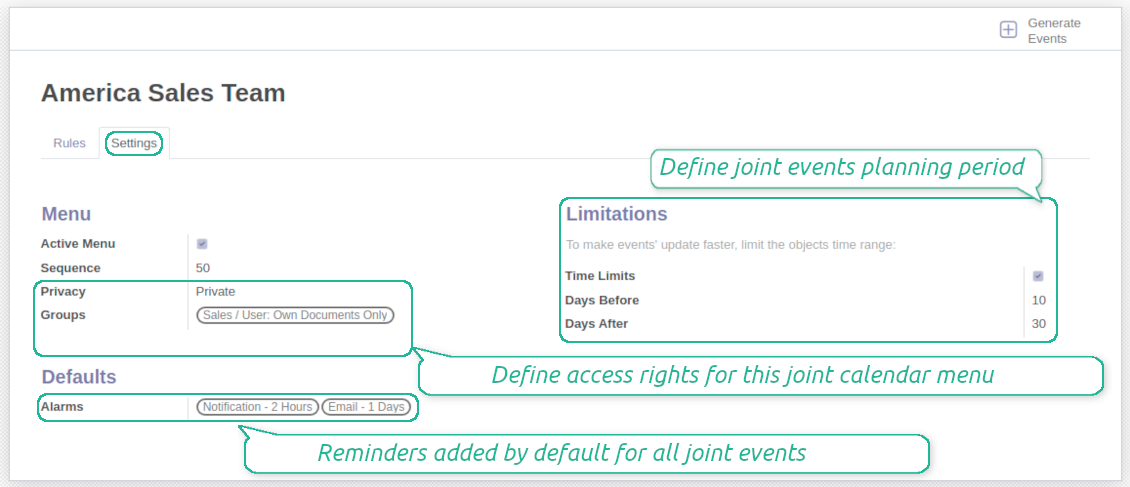 Advanced settings of joint calendar