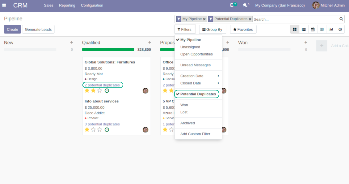 Opportunities duplicates kanban and filter