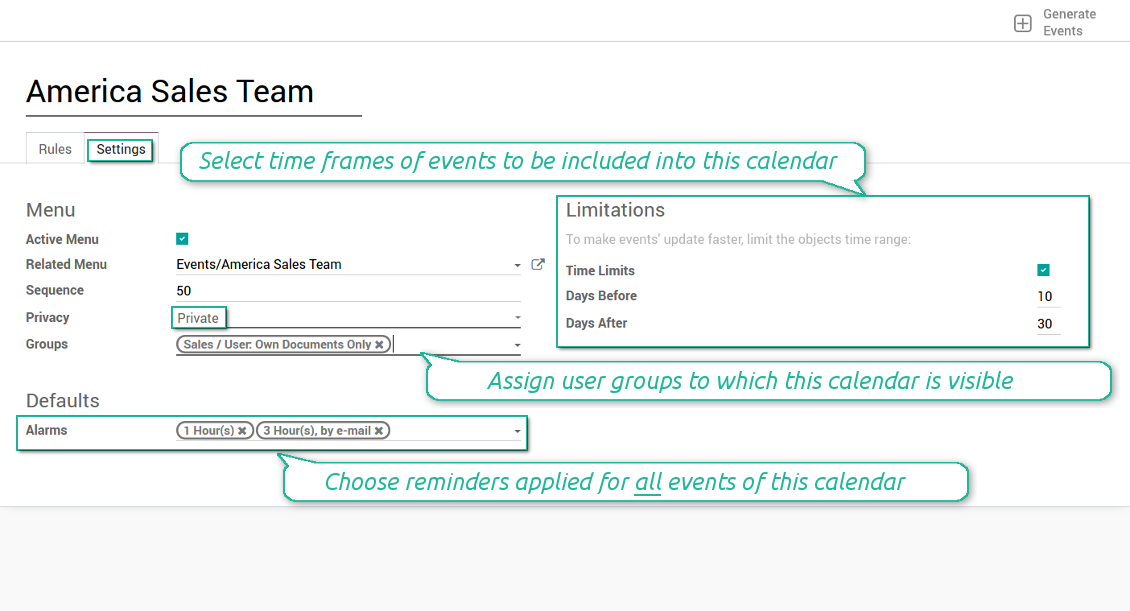 Advanced settings of joint calendar