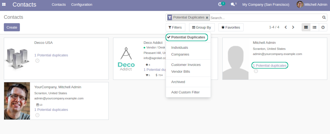 Odoo partners duplicates kanban view and filter
