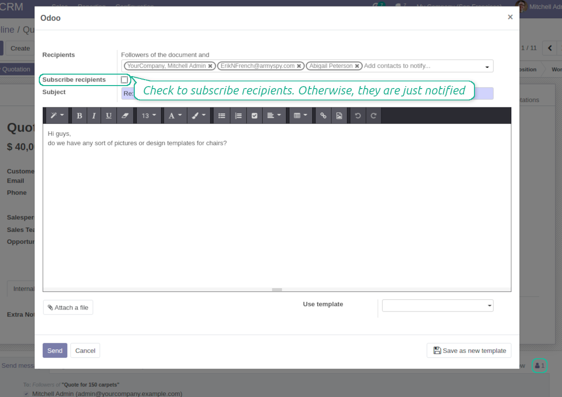 No auto subscription in Odoo email composer