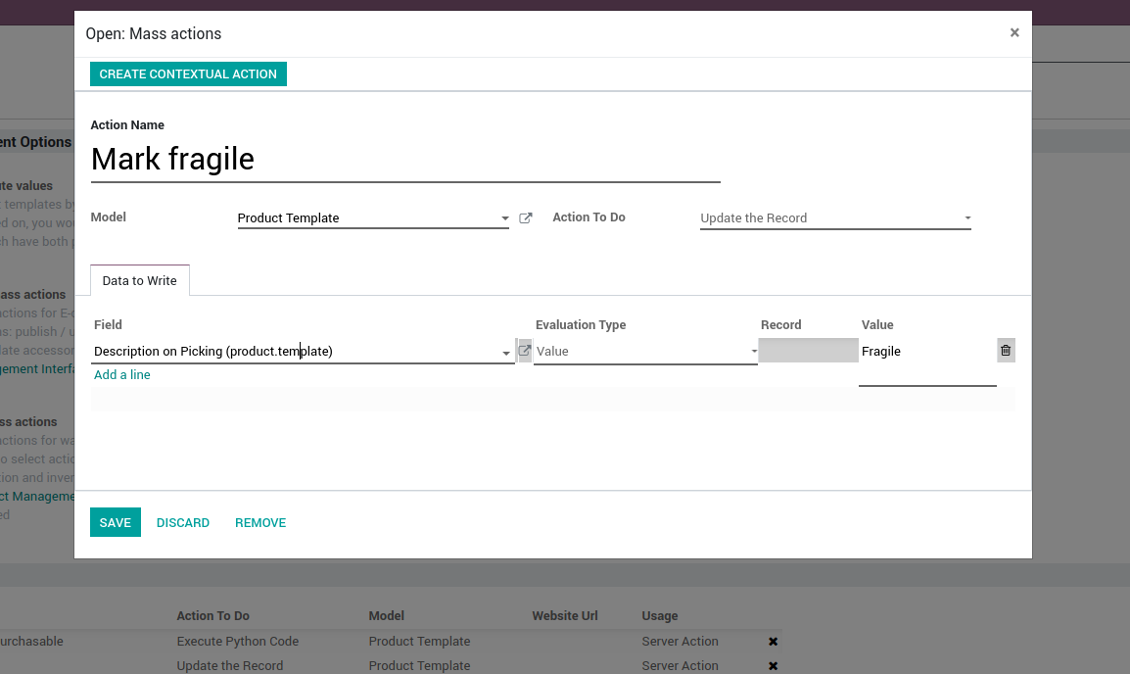 Odoo server action for product templates