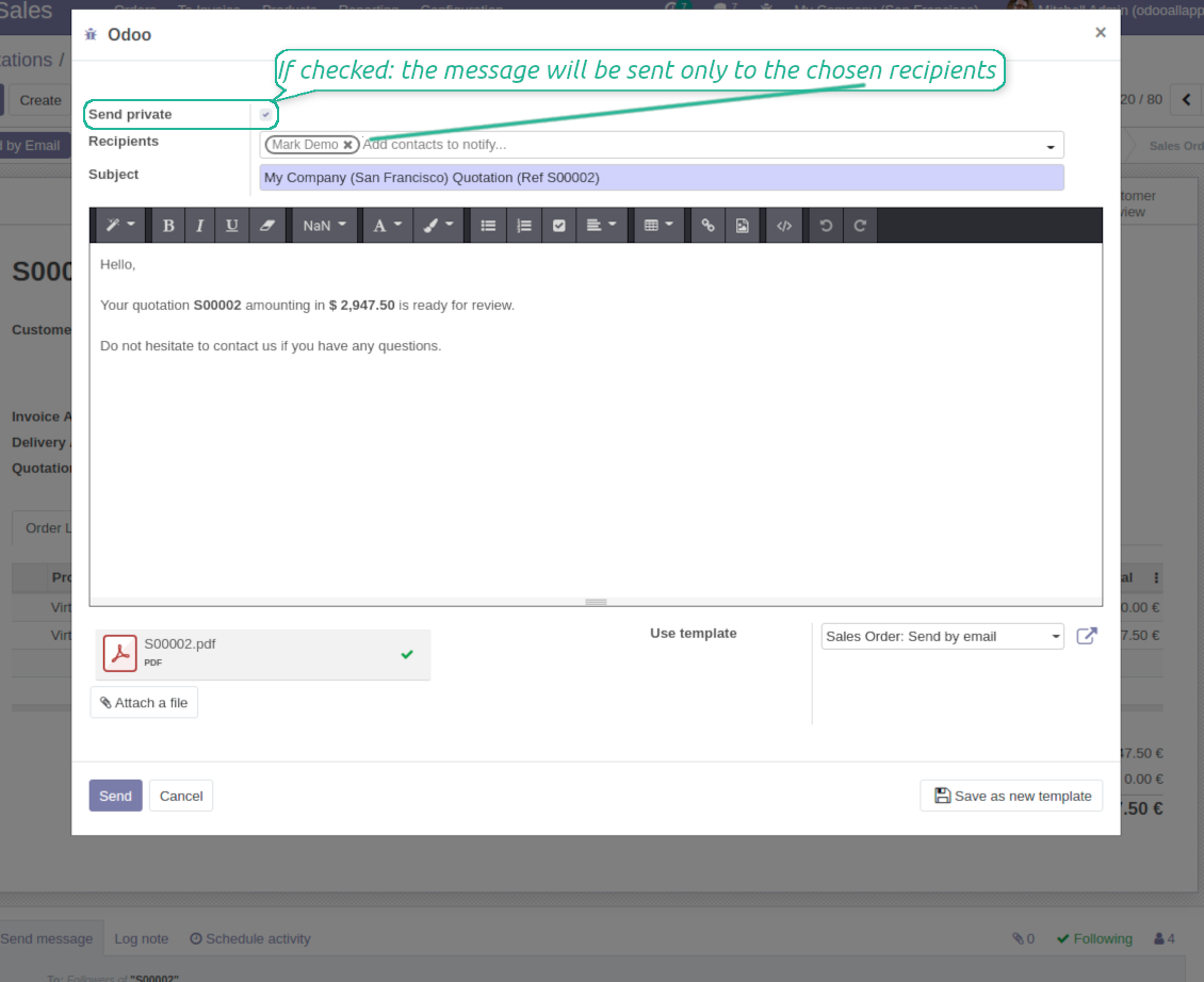 Odoo compose internal message