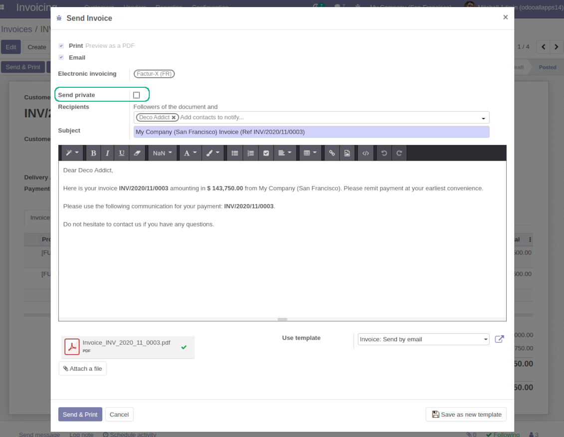Internal invoice email composer