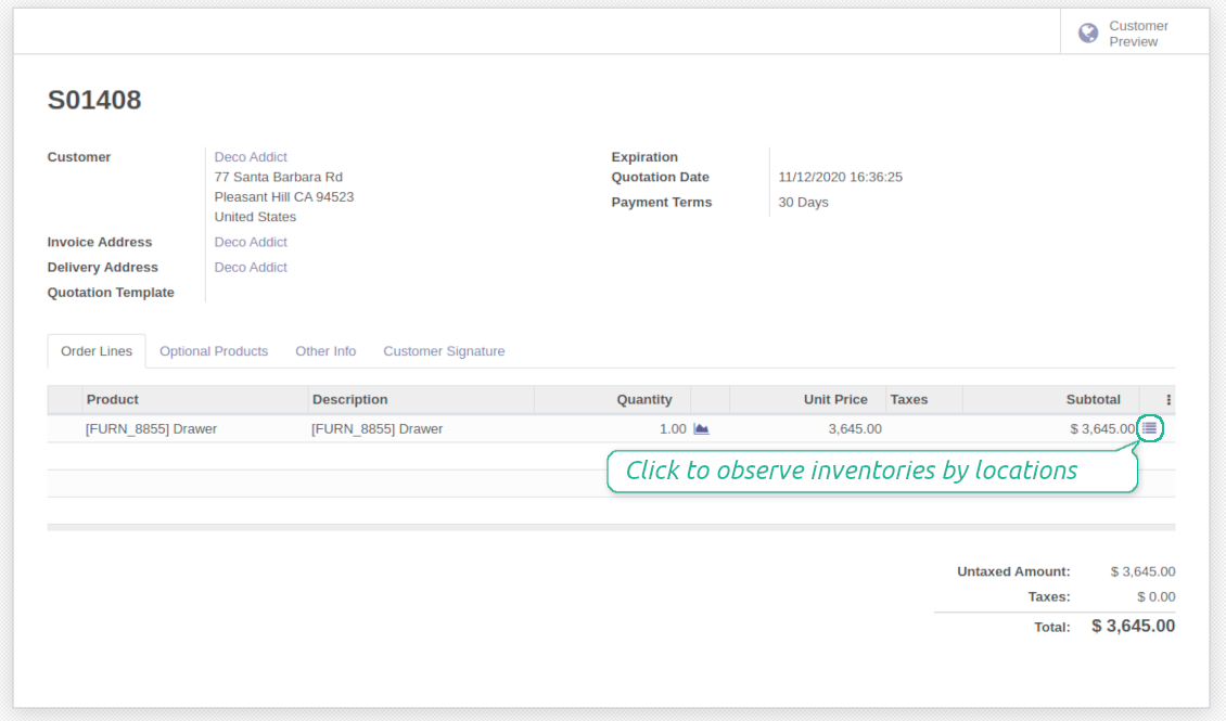 One click to observe inventories from a sale line