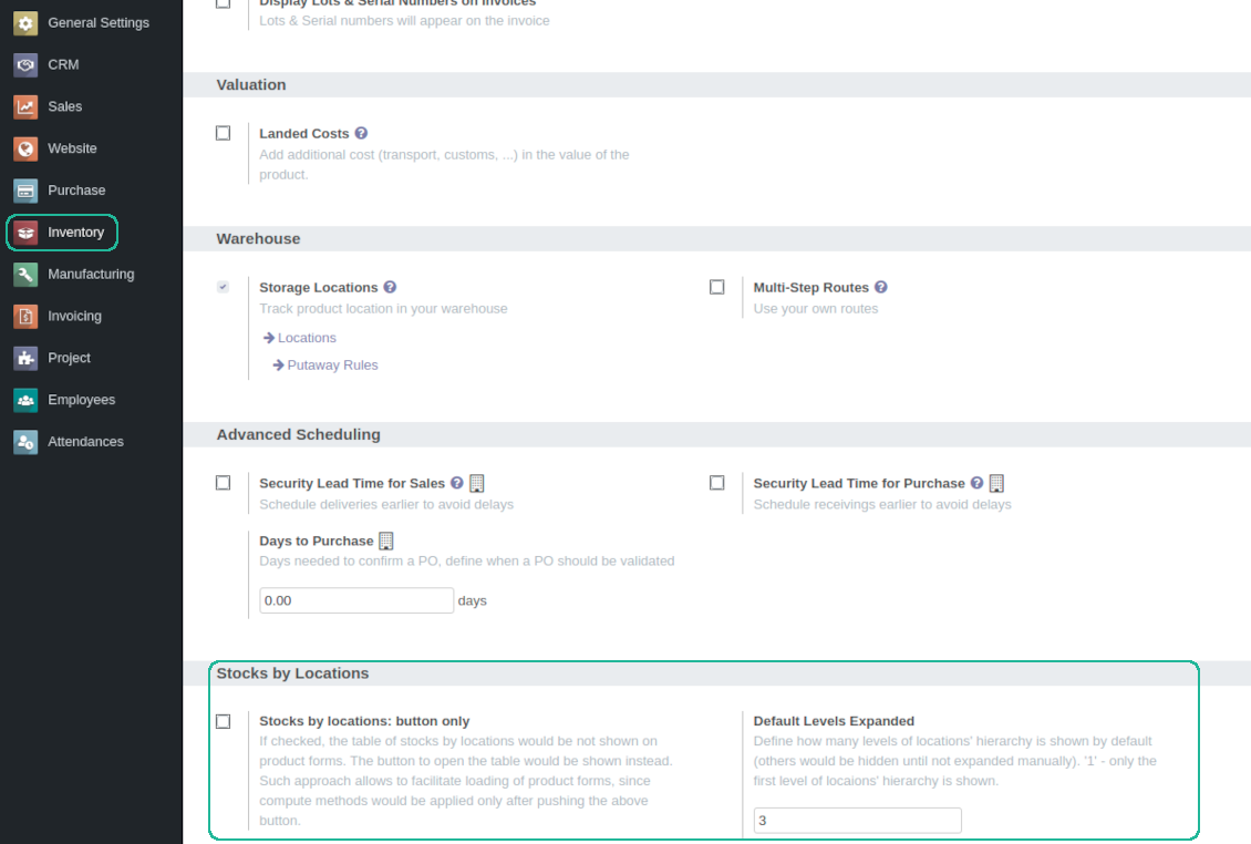 setting up Odoo stocks by locations