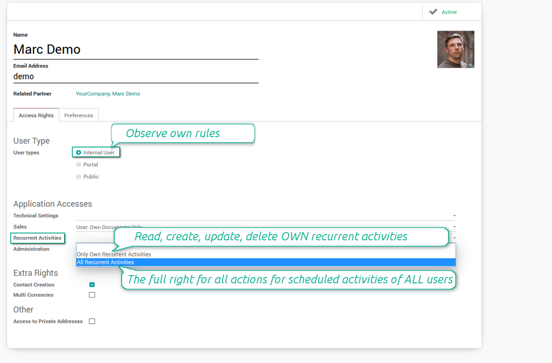 User rights for security activities
