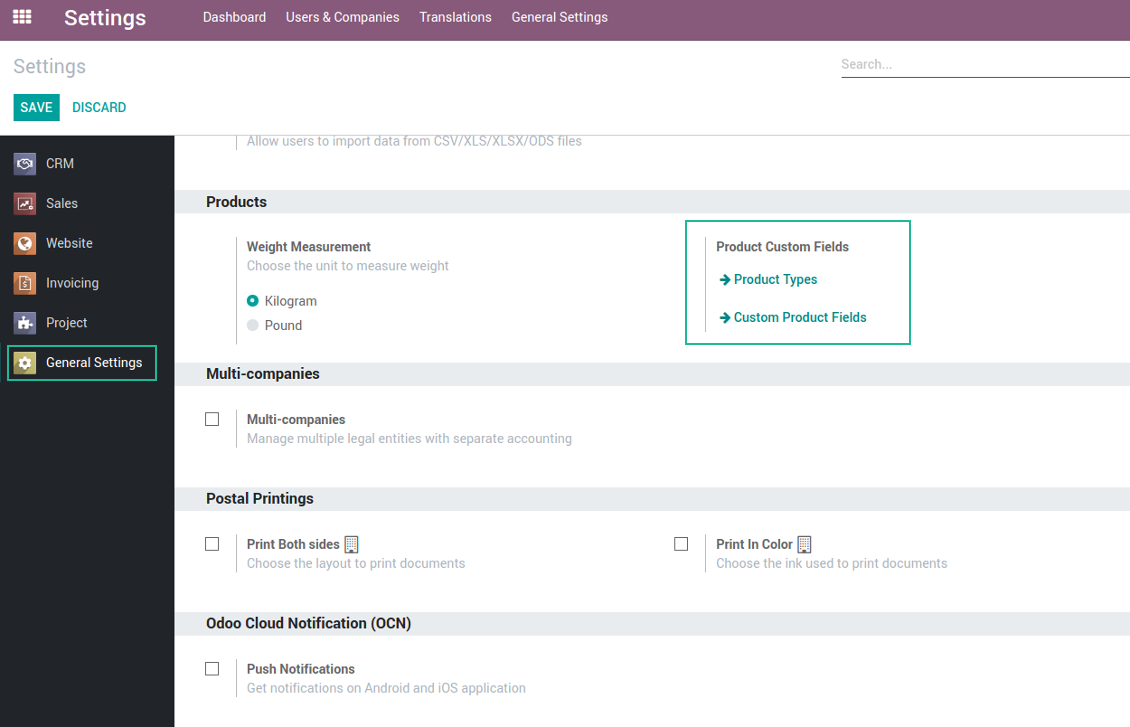 Configuration page for custom fields of products