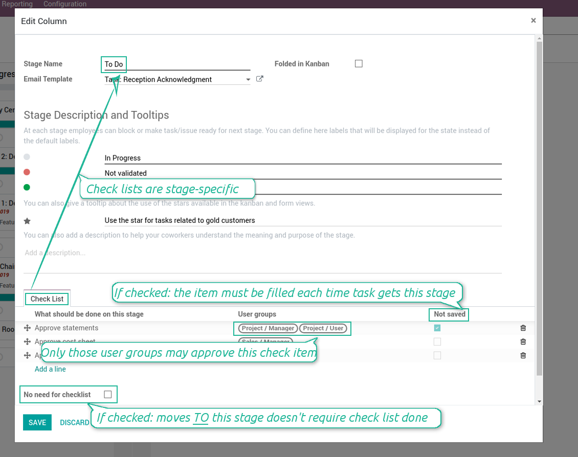 Check items per project stage