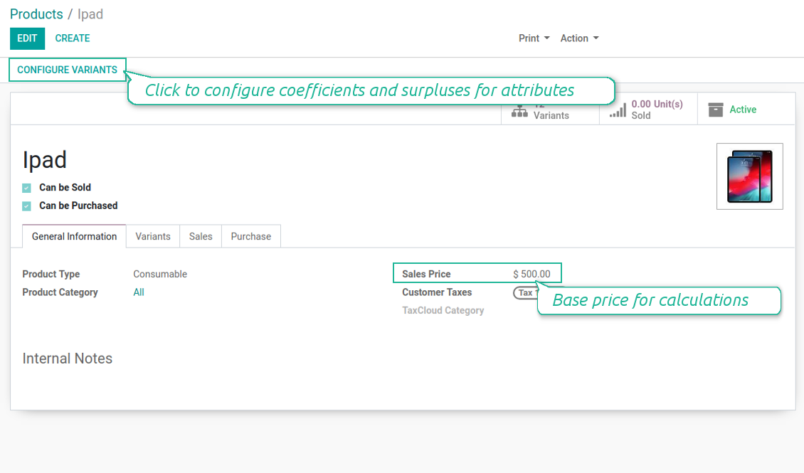Product template base price and attributes configuration