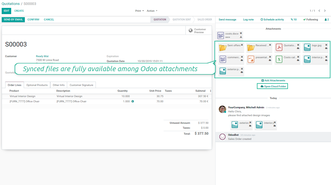 Synced items right in Odoo chatter