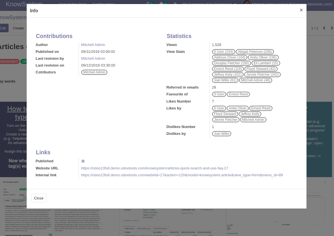 Article info popup
