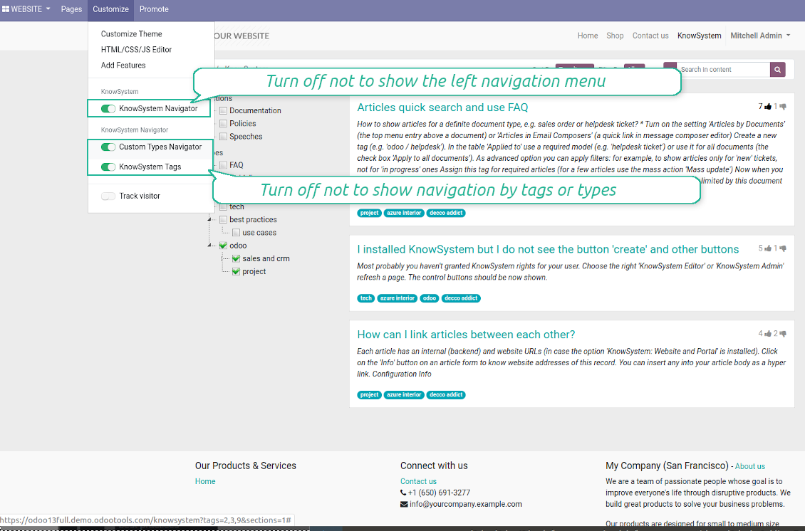 Website articles options