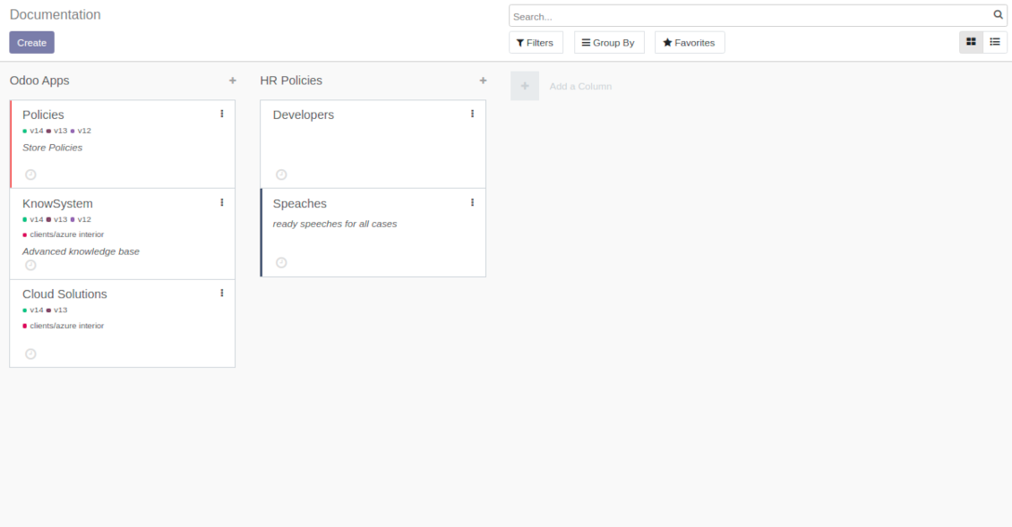 Backend view of Odoo knowledge documentation