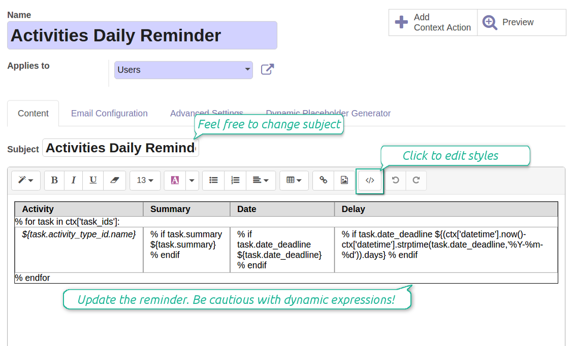 Change daily reminder view