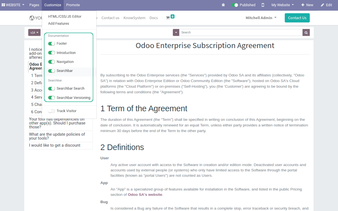 Documentation content configurable view