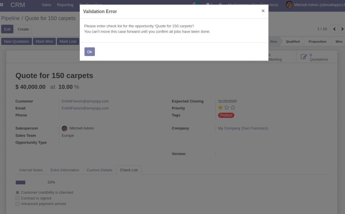 Opportunity check list not approved validation error