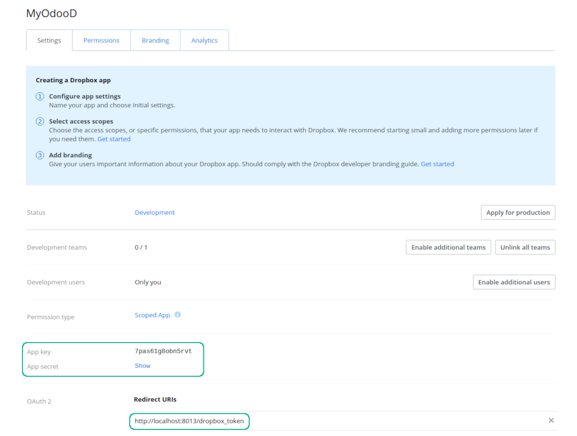 Dropbox app settings