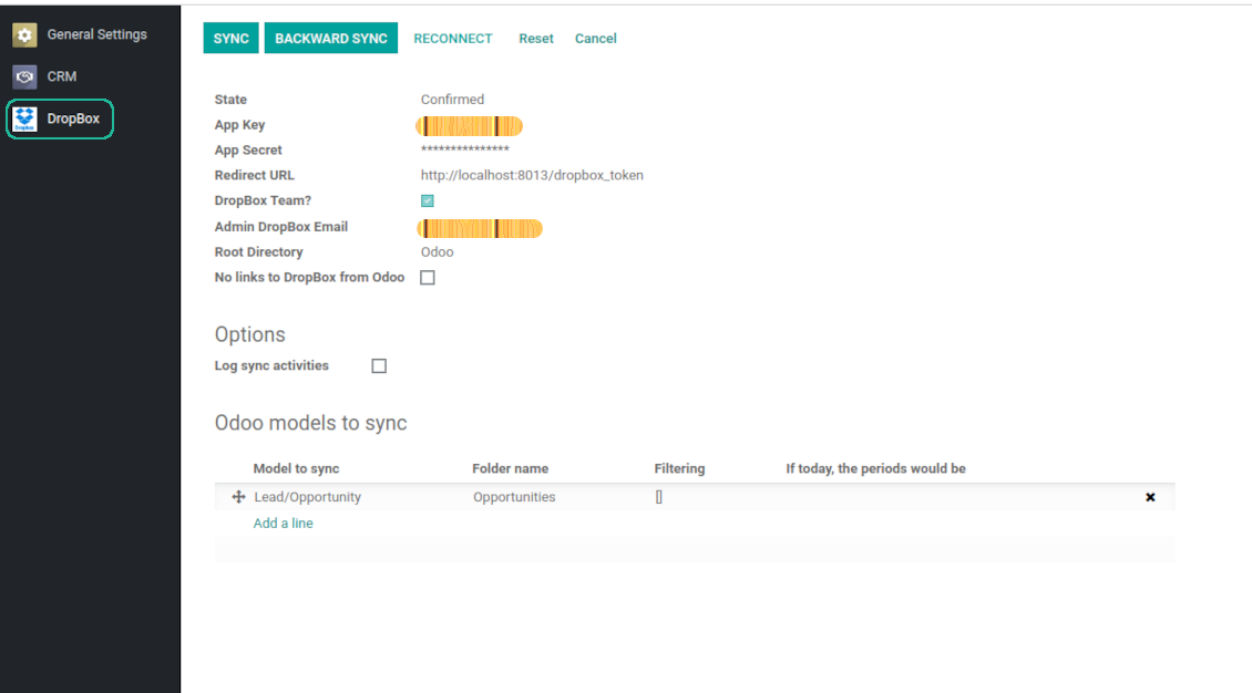 Odoo settings for DropBox