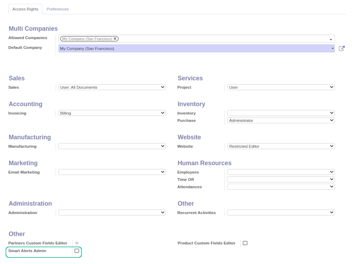 Odoo Alarms security group