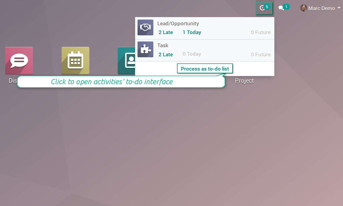 Odoo Activities interface shortcut