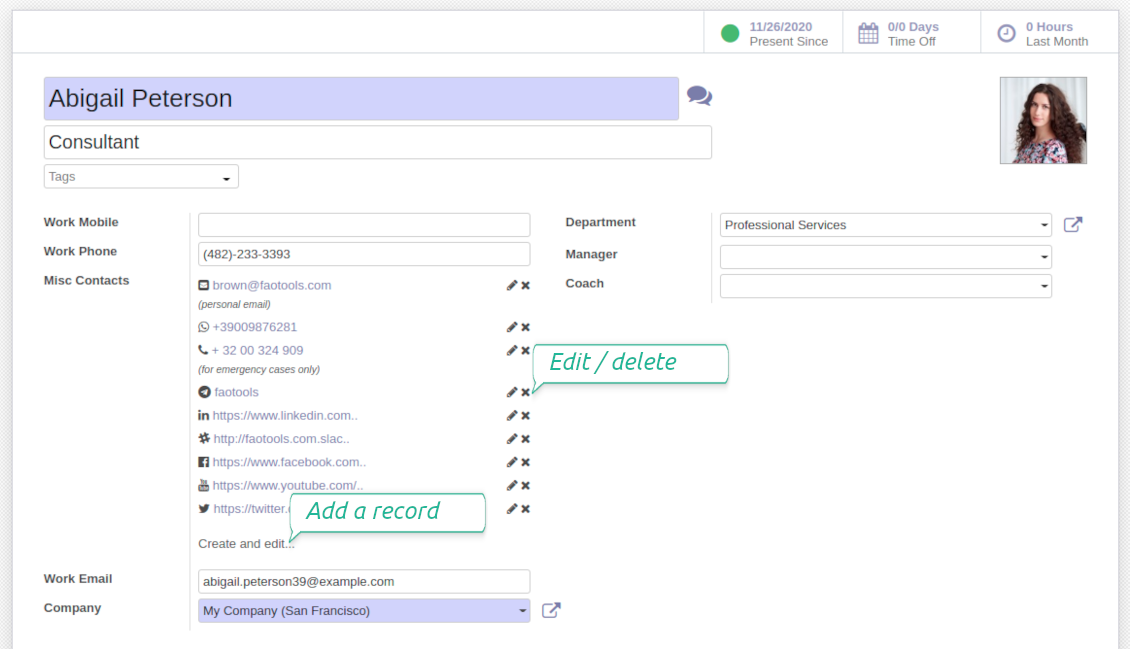 Editable misc contact details