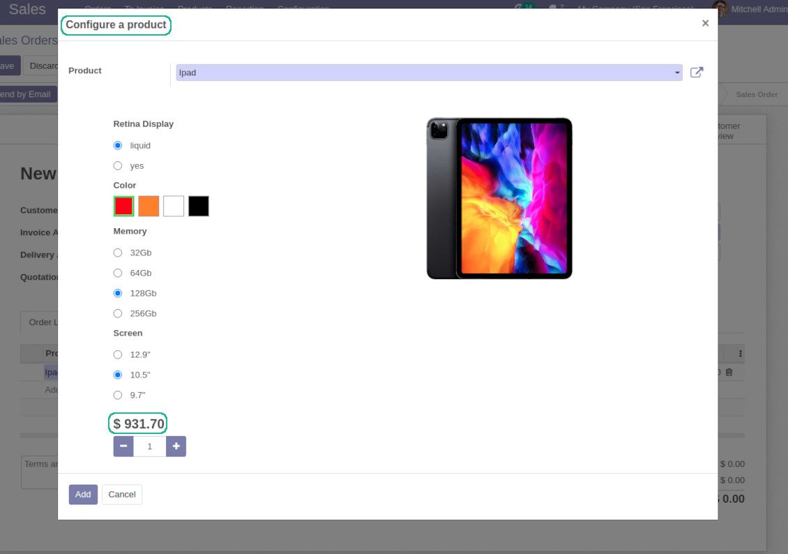 Odoo product configurator: attributes pricing