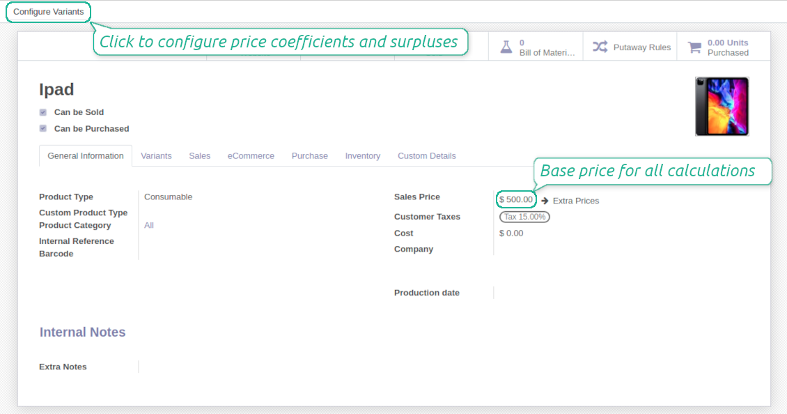Odoo product template base price and attributes configuration