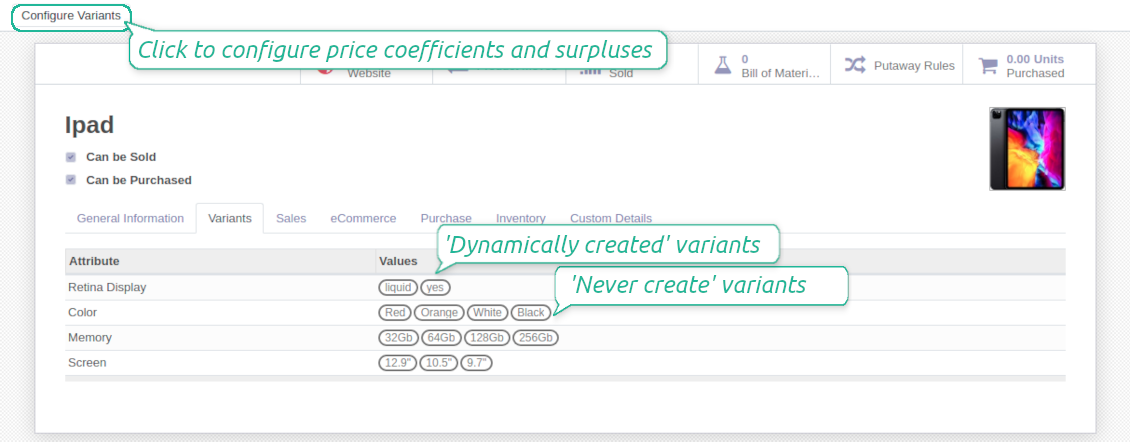 Variant optional attributes