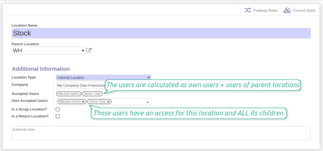 Odoo locations accepted users