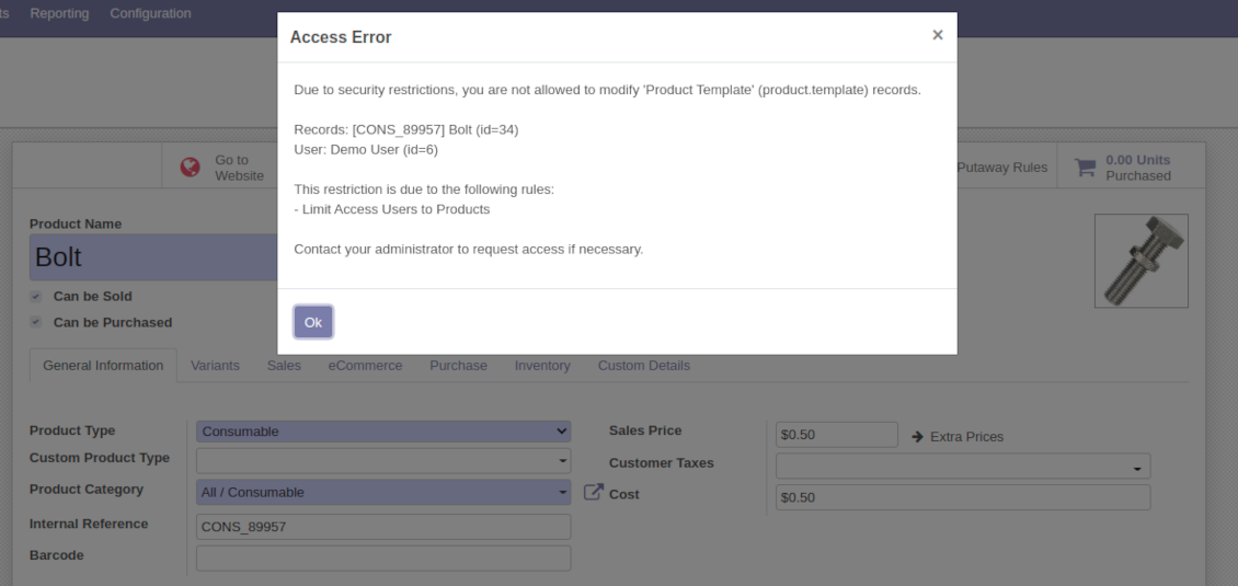 Odoo doesn't not let simple users edit products