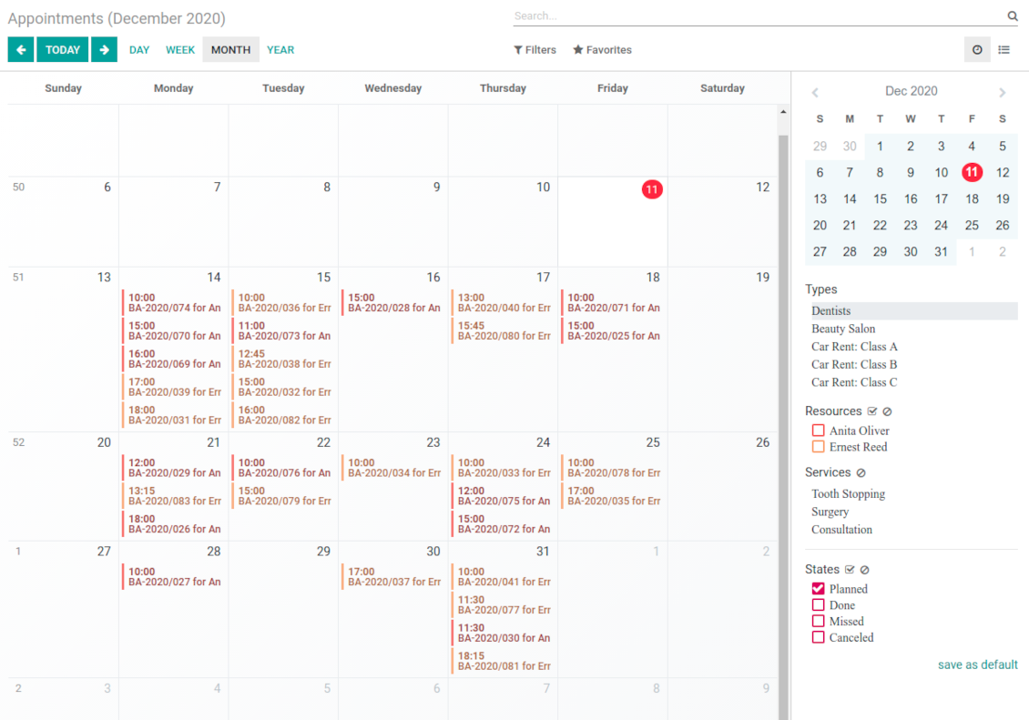 Appointments planning calendar in Odoo