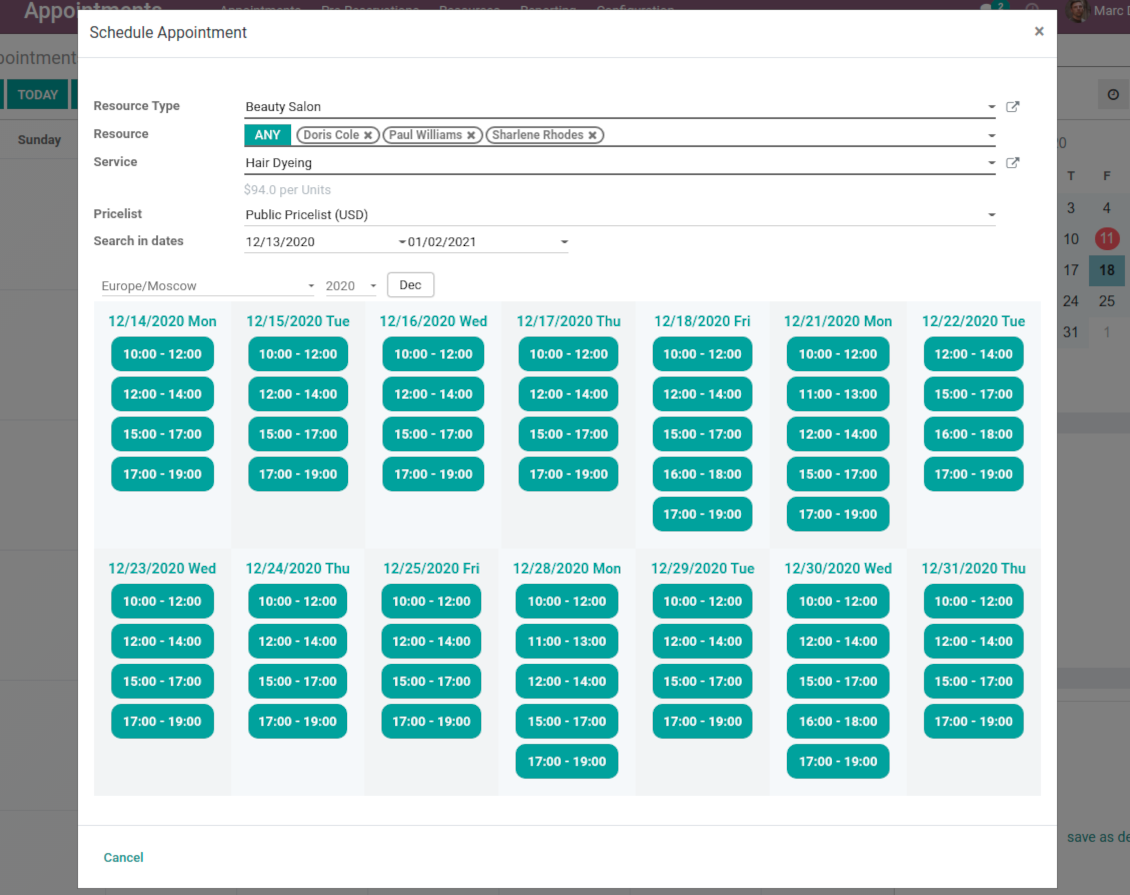 Time slots for Odoo reservation