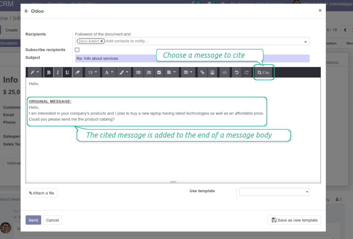 Odoo email composer quick link