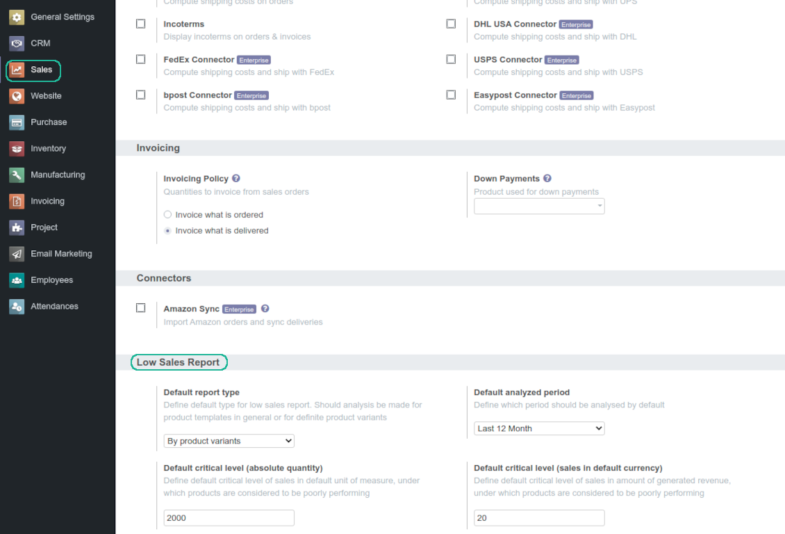 Default values to generate an Odoo sales report
