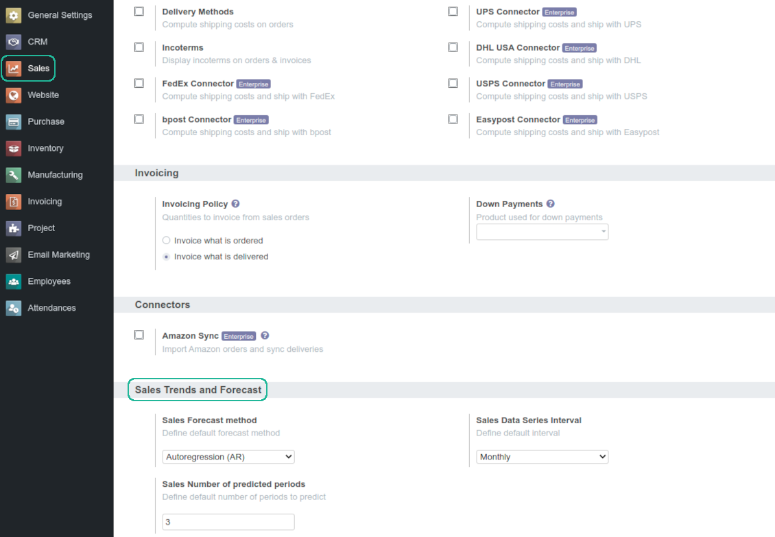Default values to generate Odoo sales trends report