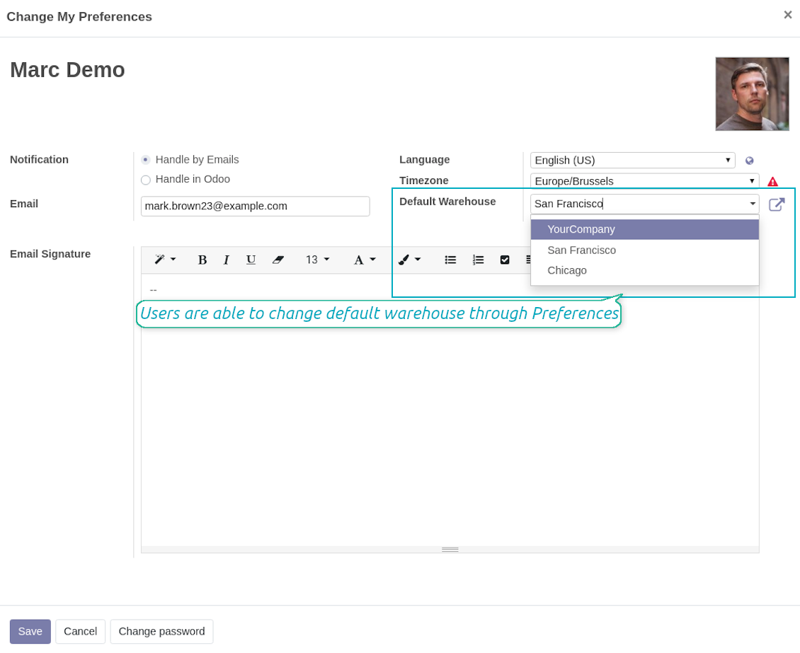 Odoo users default warehouse