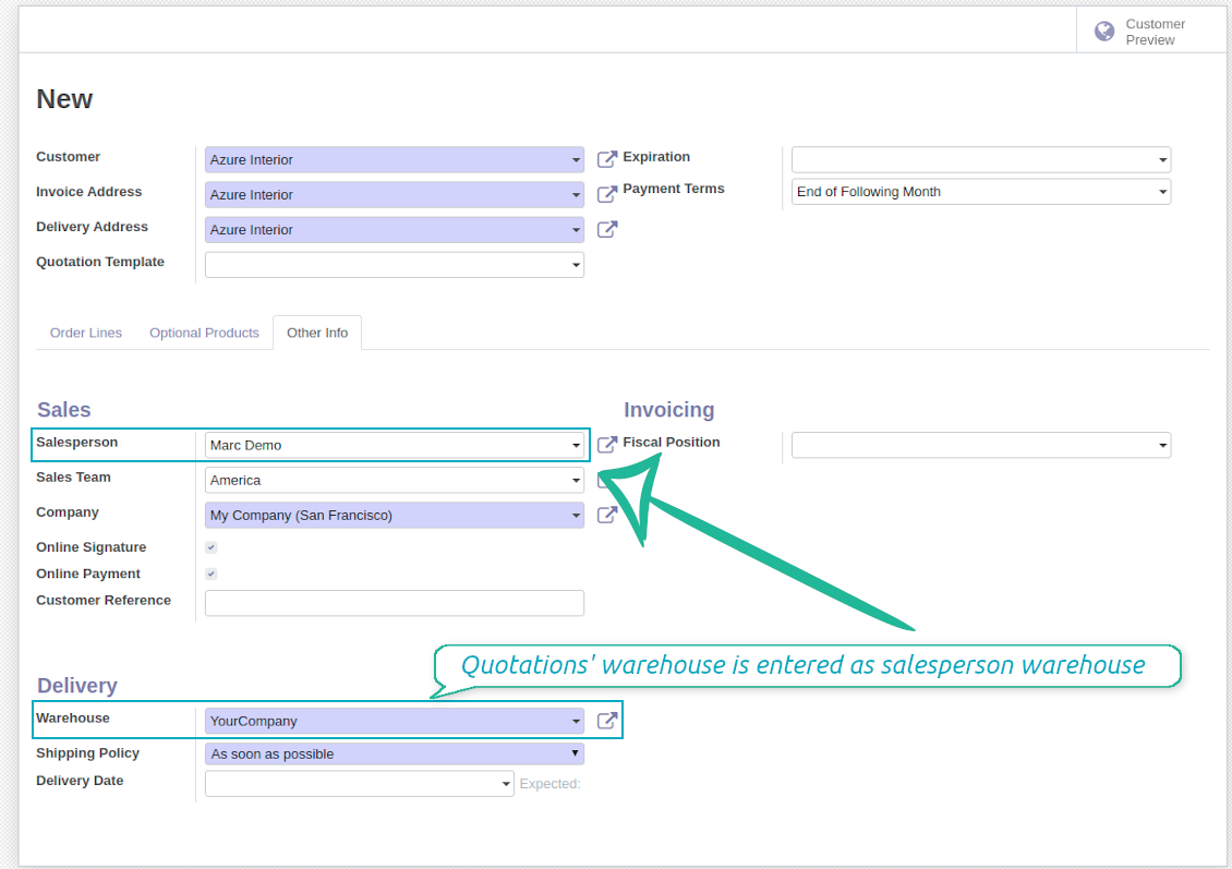 Sales order default warehouse