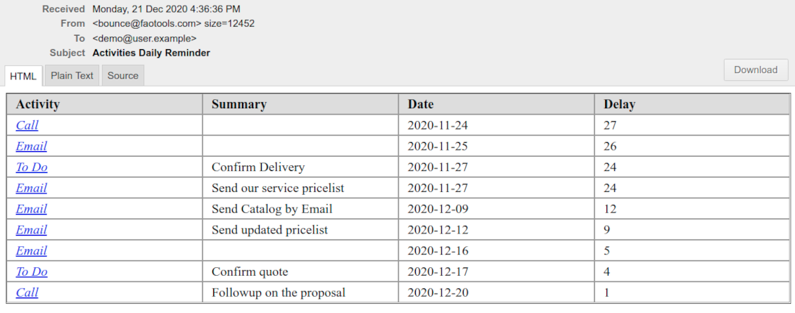 Odoo activities reminder