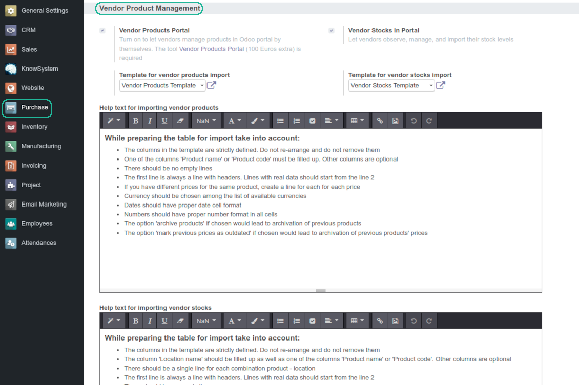 Vendor import settings