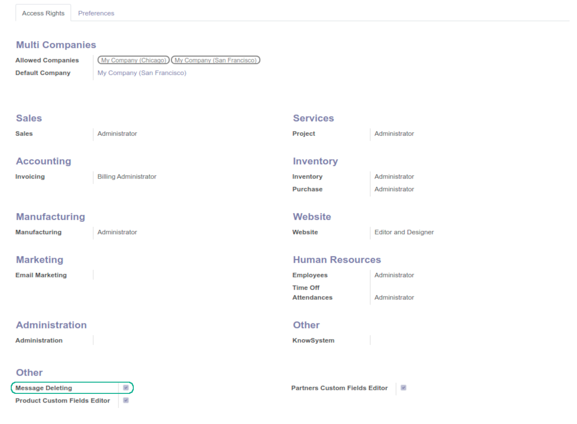Odoo user access right to delete messages