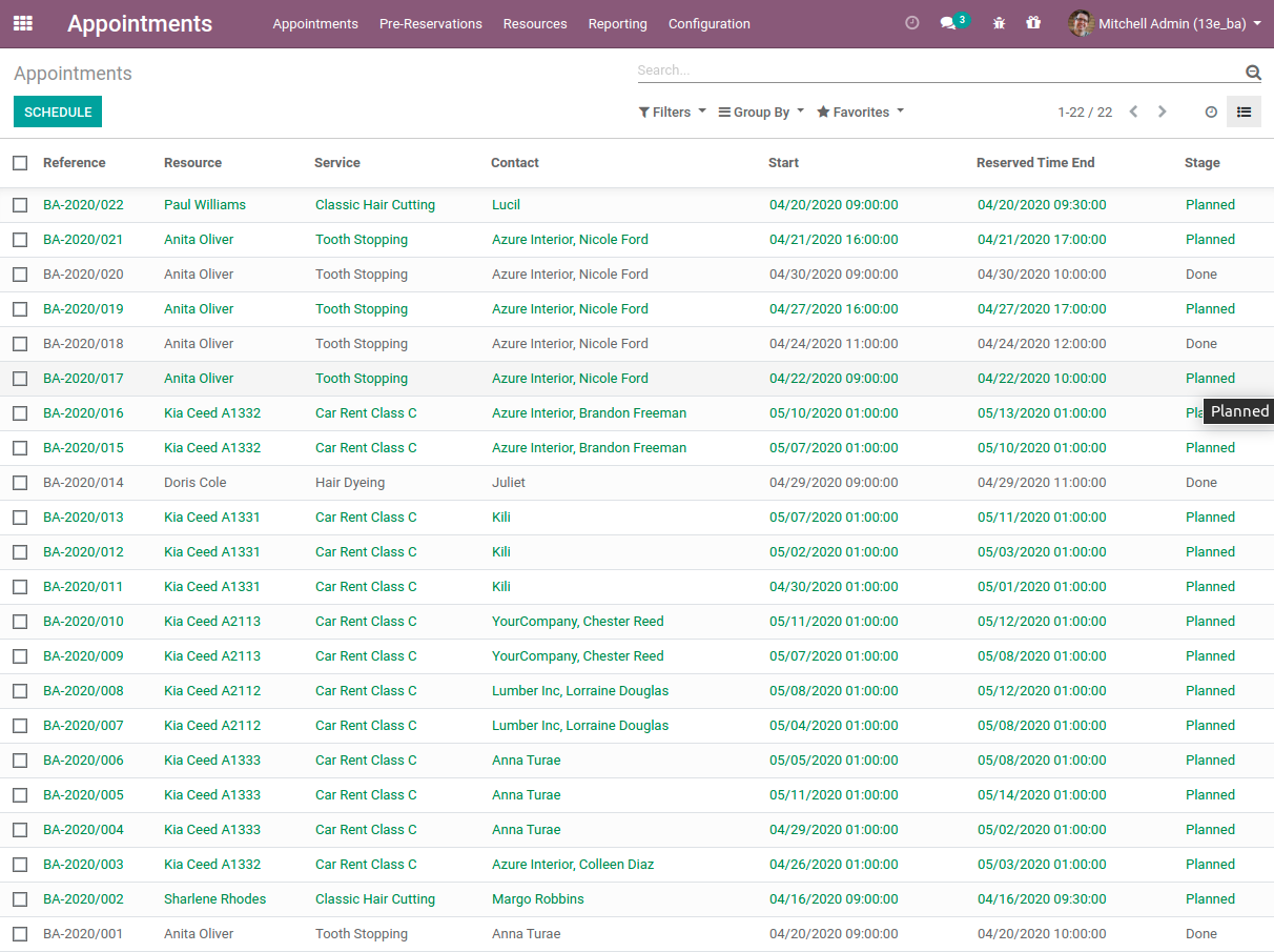Appointments: list view